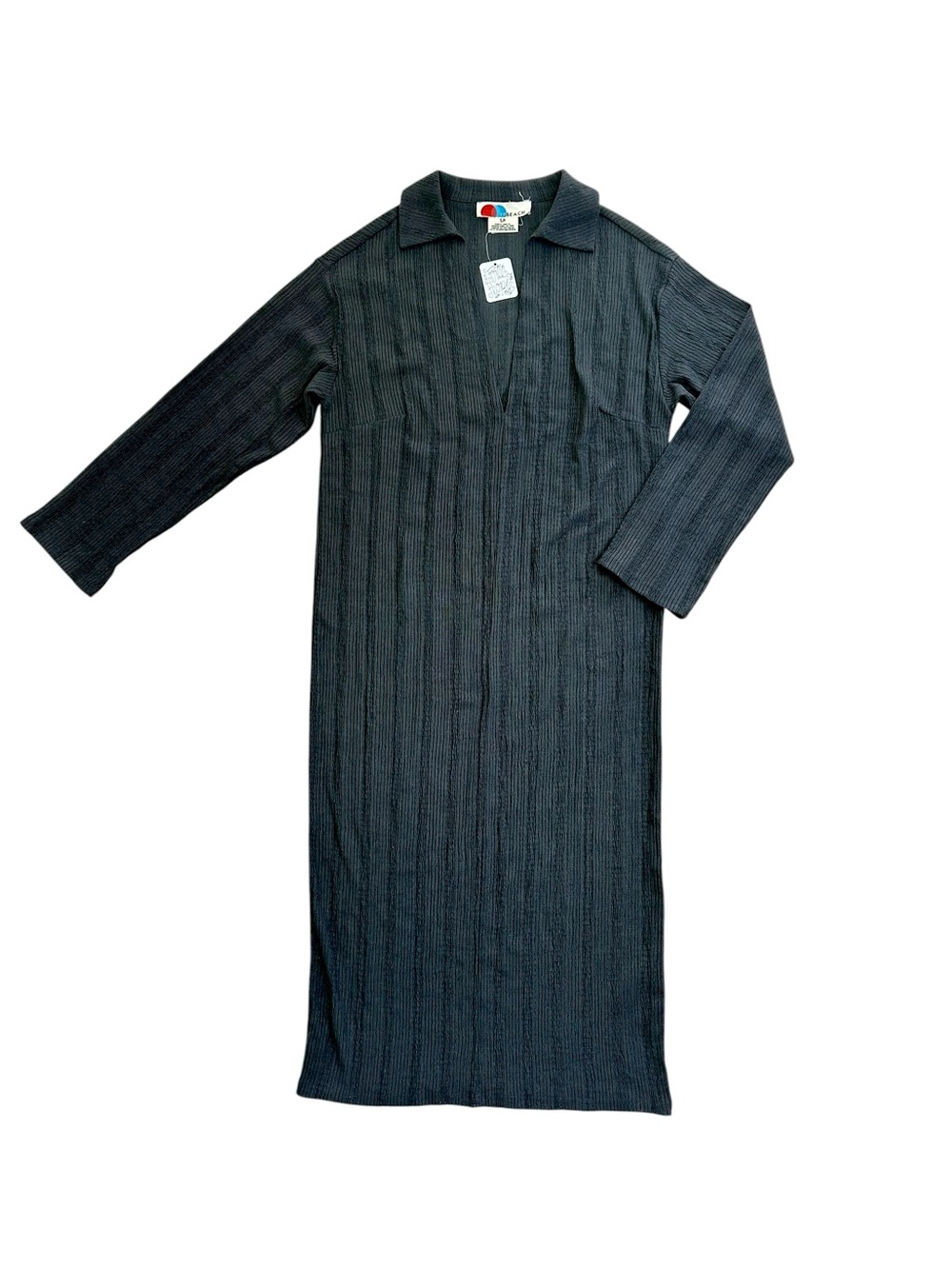New Free People Beach Black Long Sleeve Collared V Neck Midi Dress
